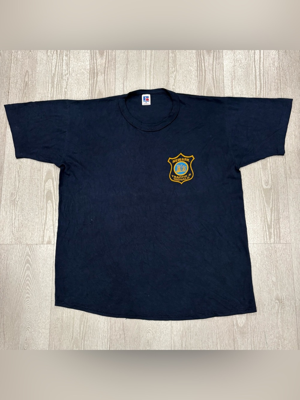 Vintage Russell Athletic Navy Blue Newark Traffic & Signals Graphic T-Shirt XL